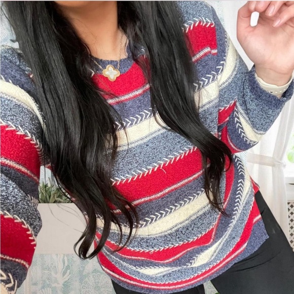 Vintage 90s Y2K Liz Claiborne Nautical Striped Red White Blue USA Sweater - Picture 1 of 6
